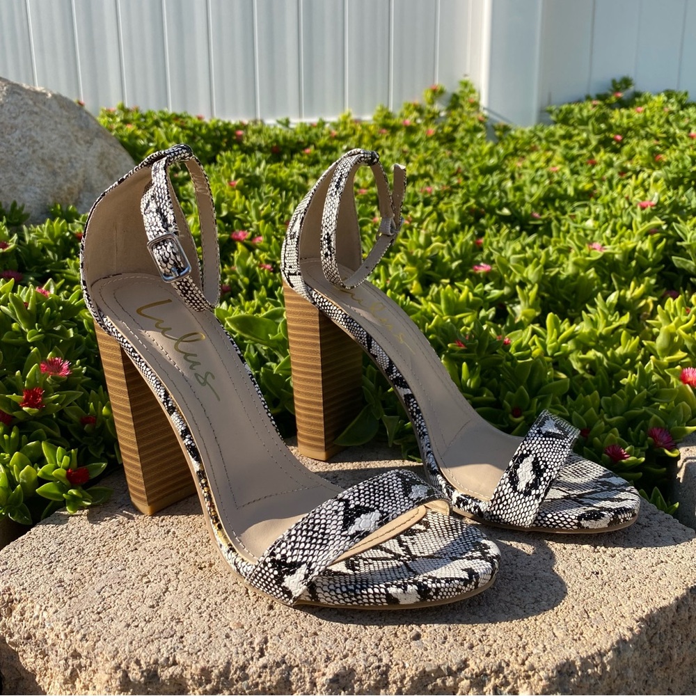 Lulus Taylor Beige Snake Stacked Ankle Strap Heels